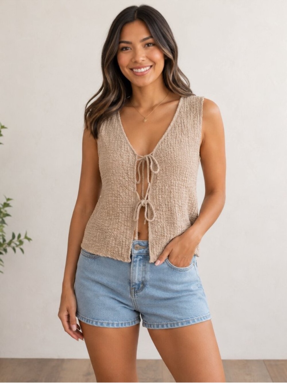 See You Monday Tan Tie-Front Knit Tank Top